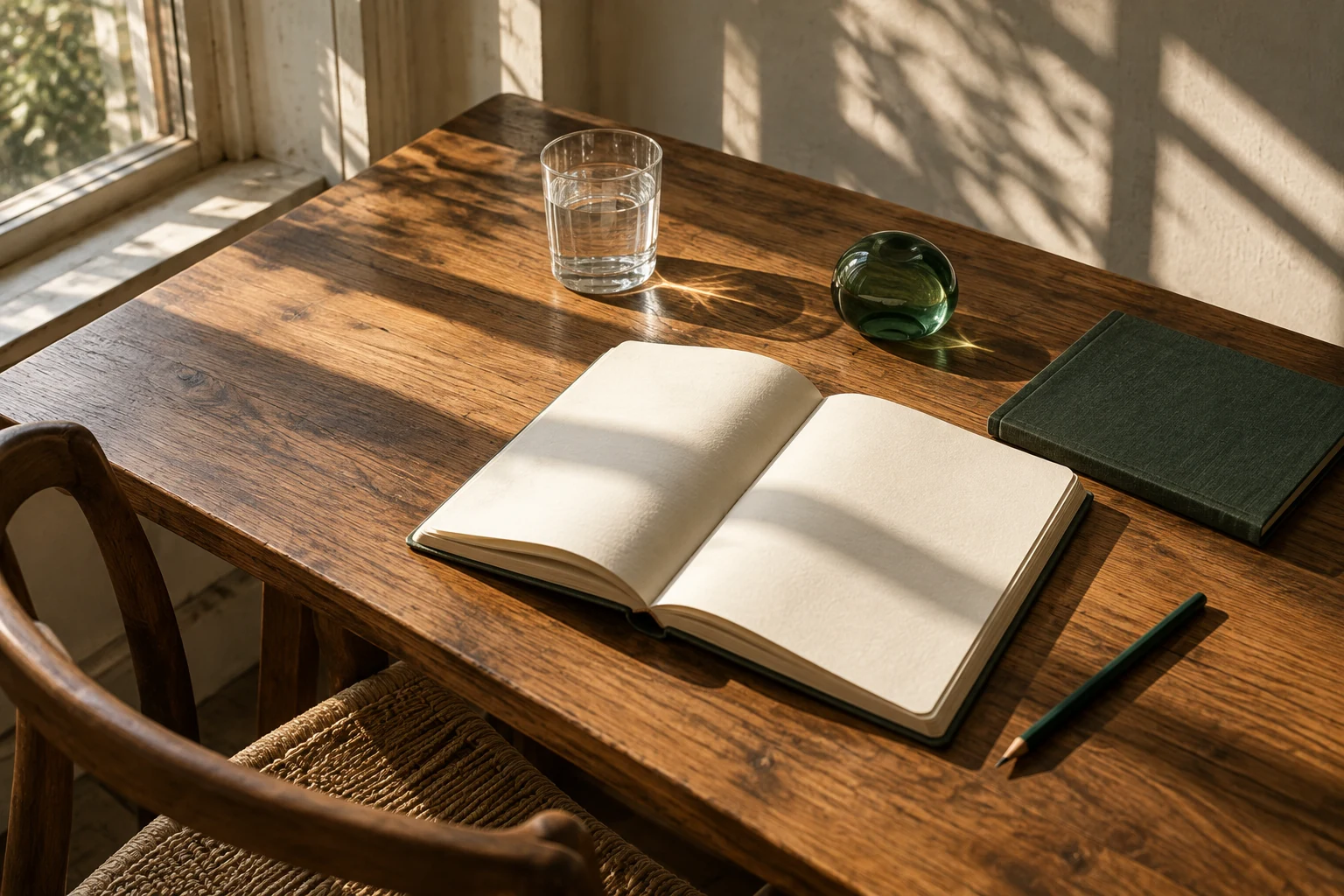 An open notebook and green journal on a sunlit walnut table